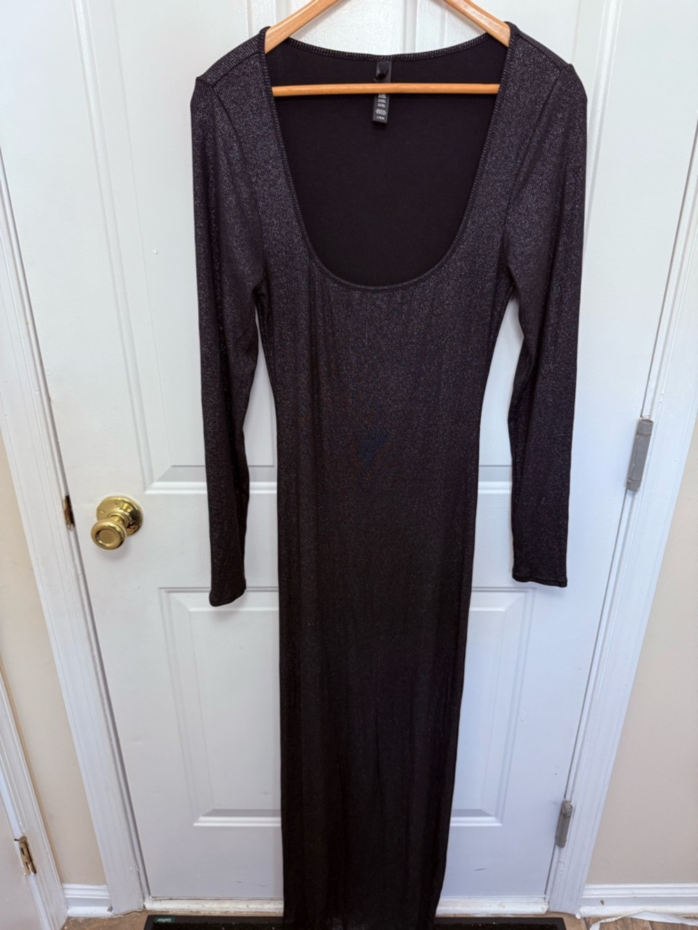 Skims Black Glittery Scoop Neck Long Sleeve Ribbed Maxi Dress Size Large